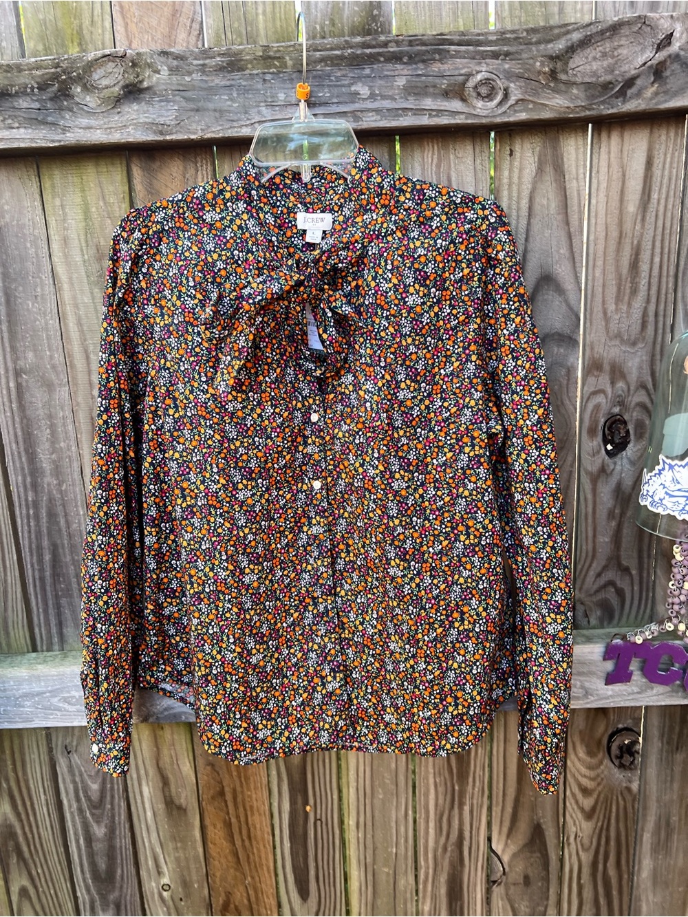 👗J. Crew Black Floral Tie-Neck Long Sleeve Shirt - Picture 2 of 9